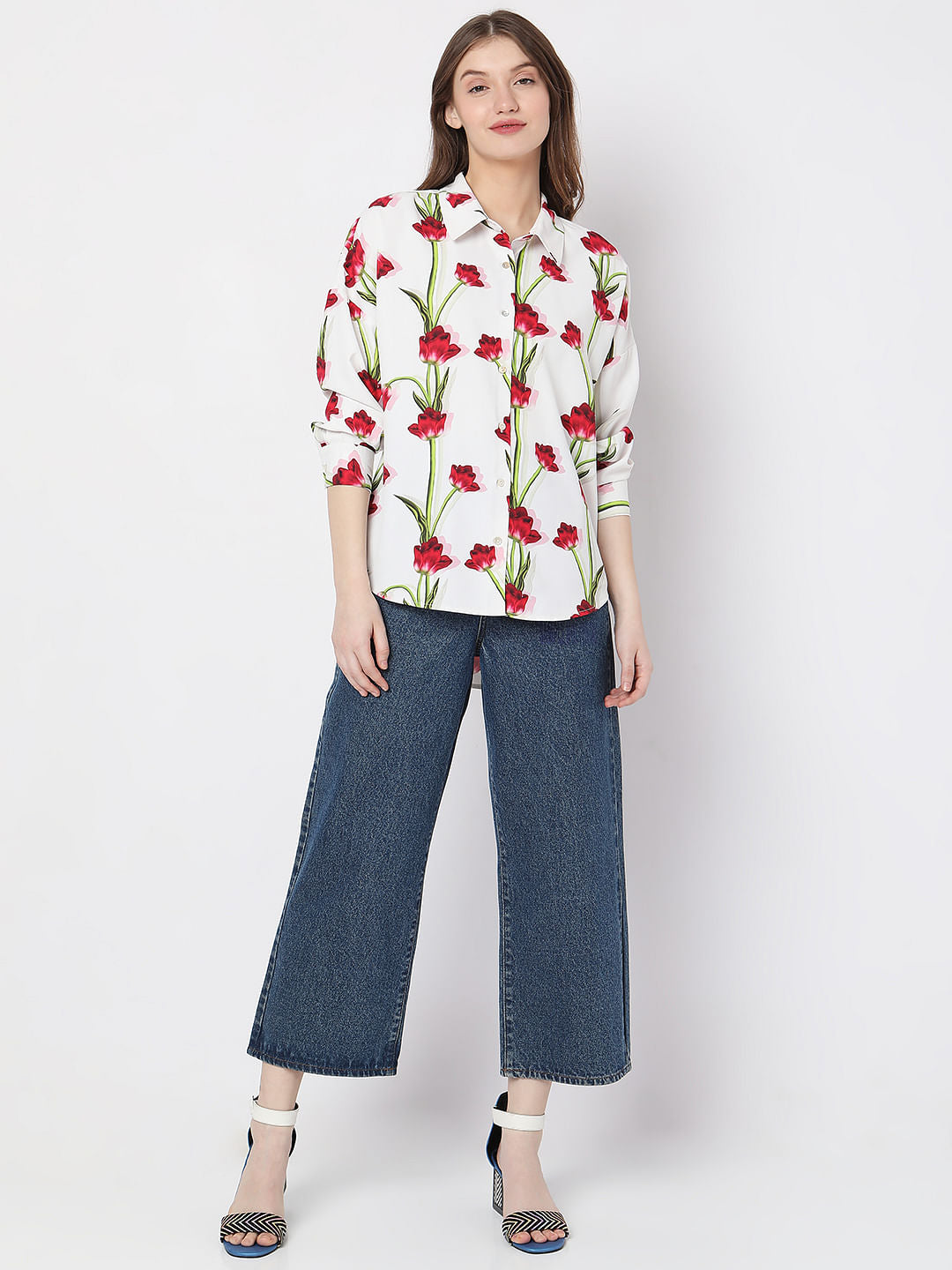 White Floral Print Shirt