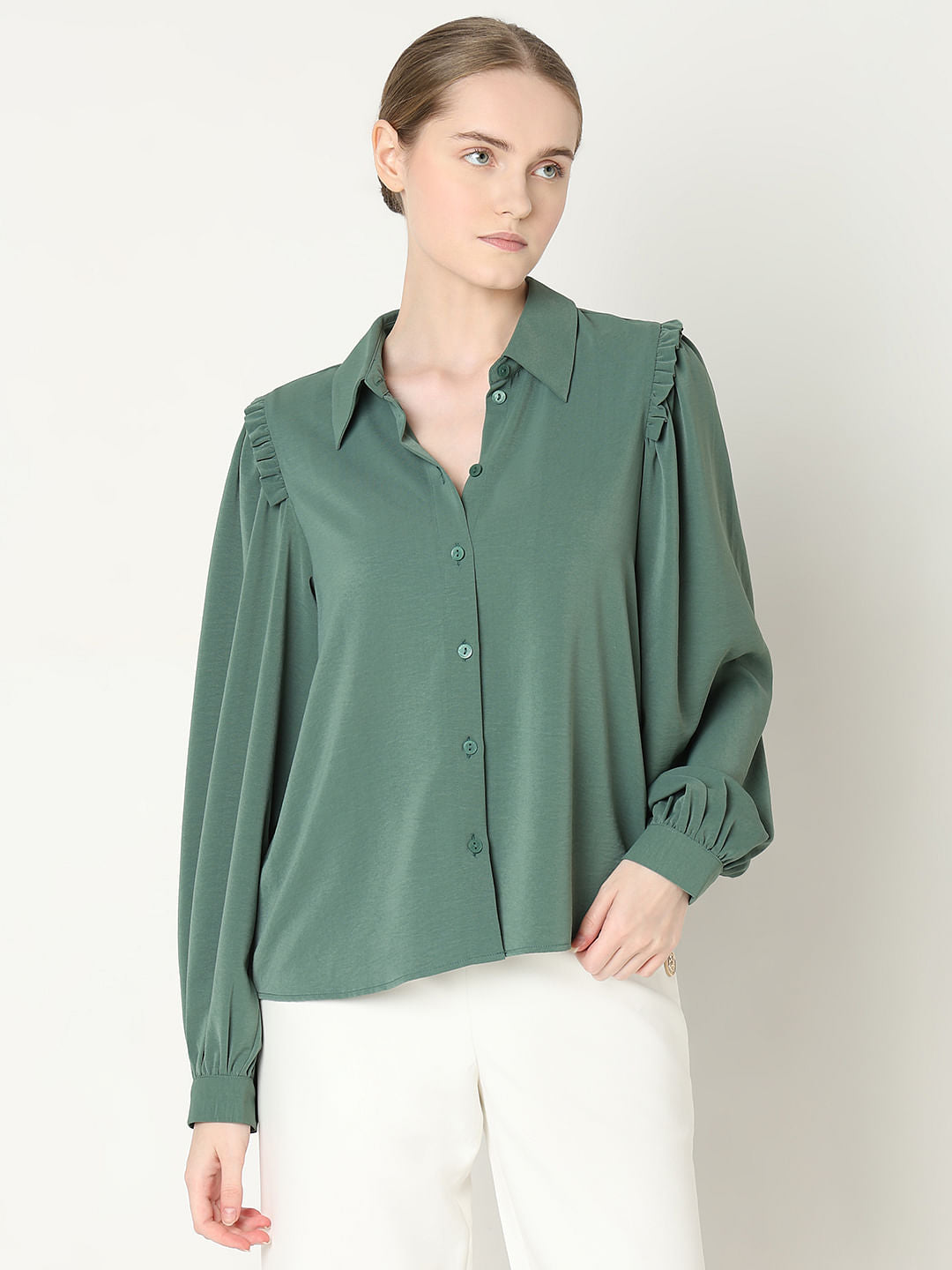 Green Frill Full Sleeves Shirt