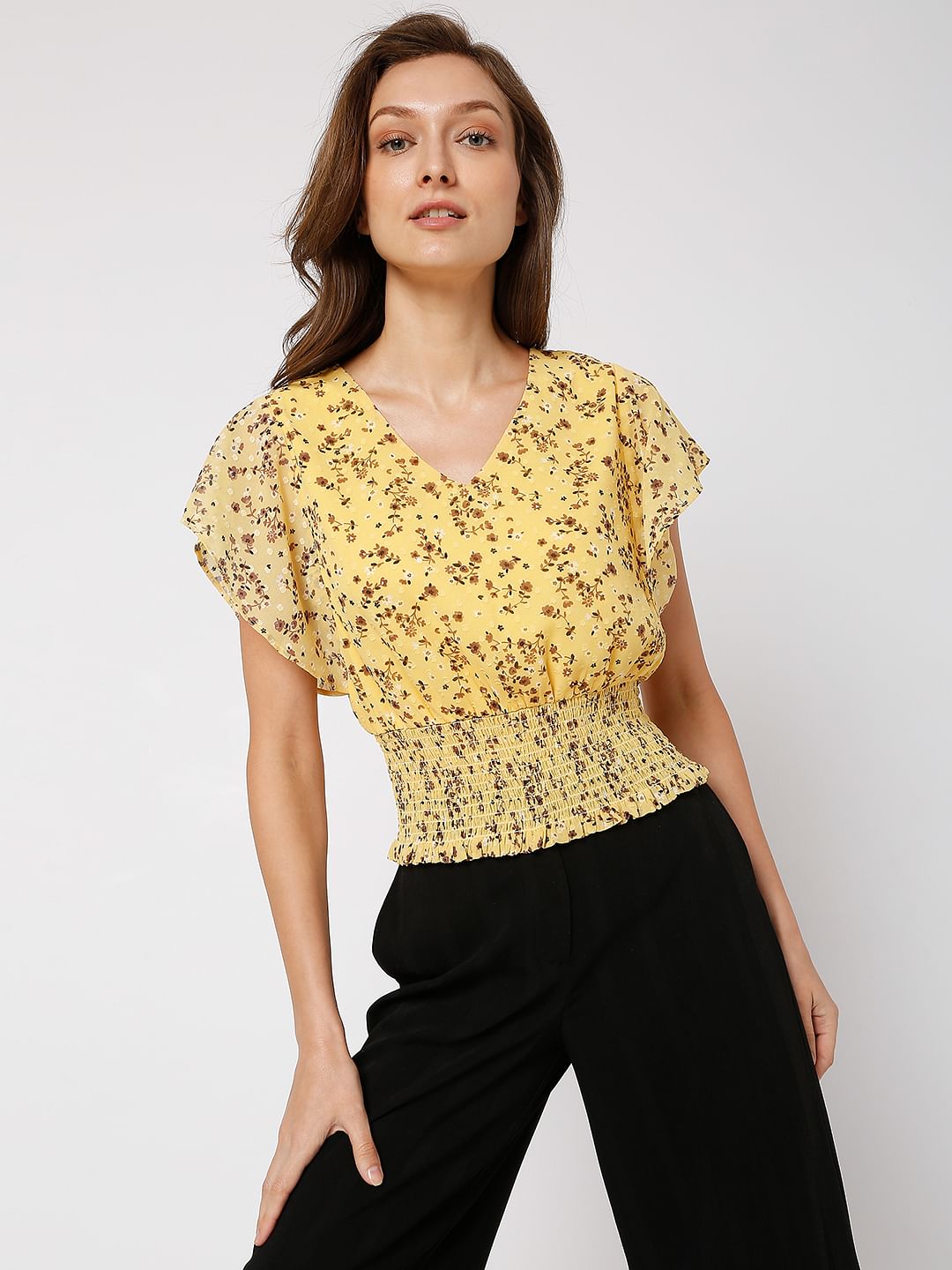 Yellow Floral Smocked Top
