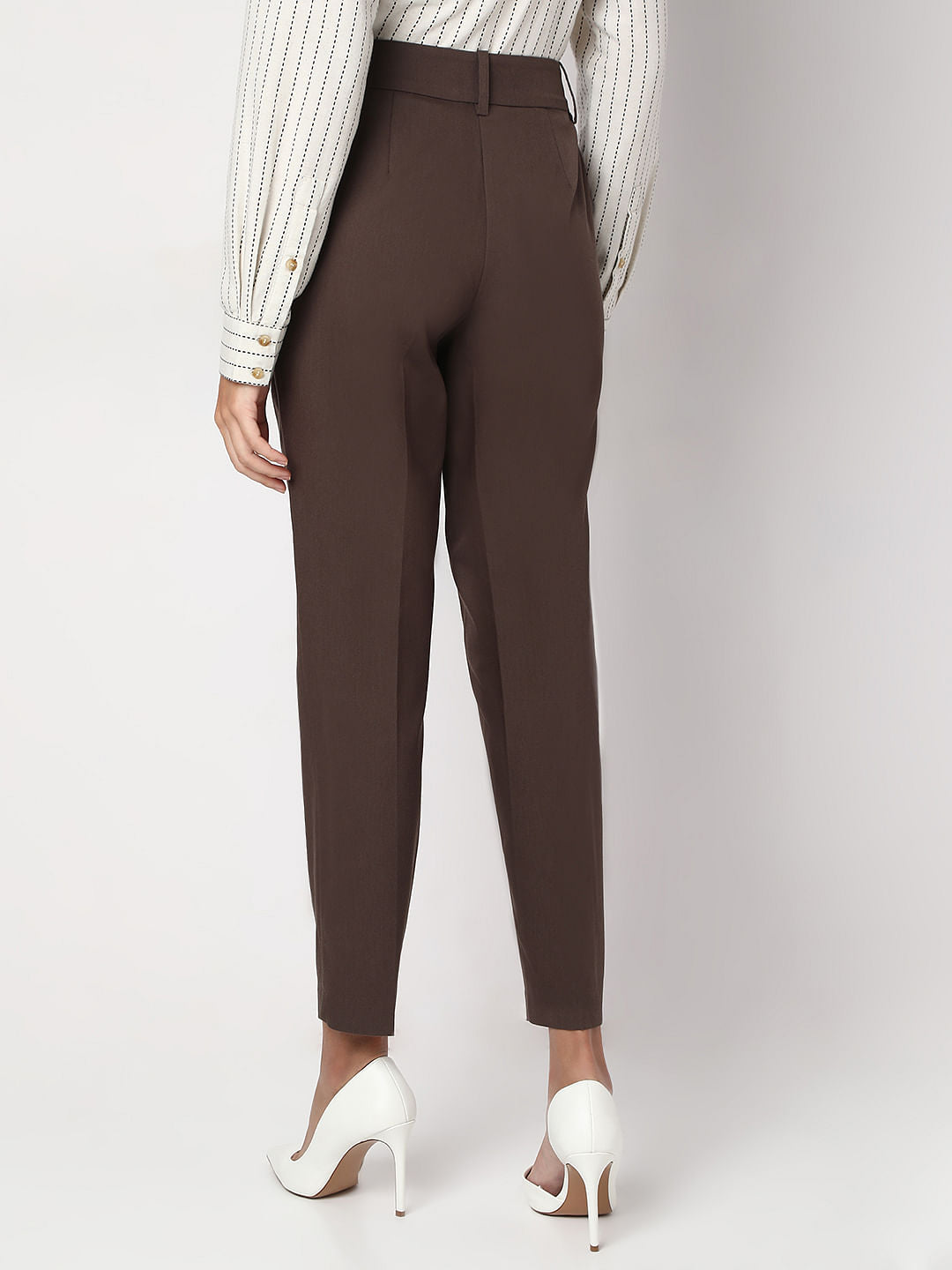 Brown Ankle Length Tapered Fit Pants