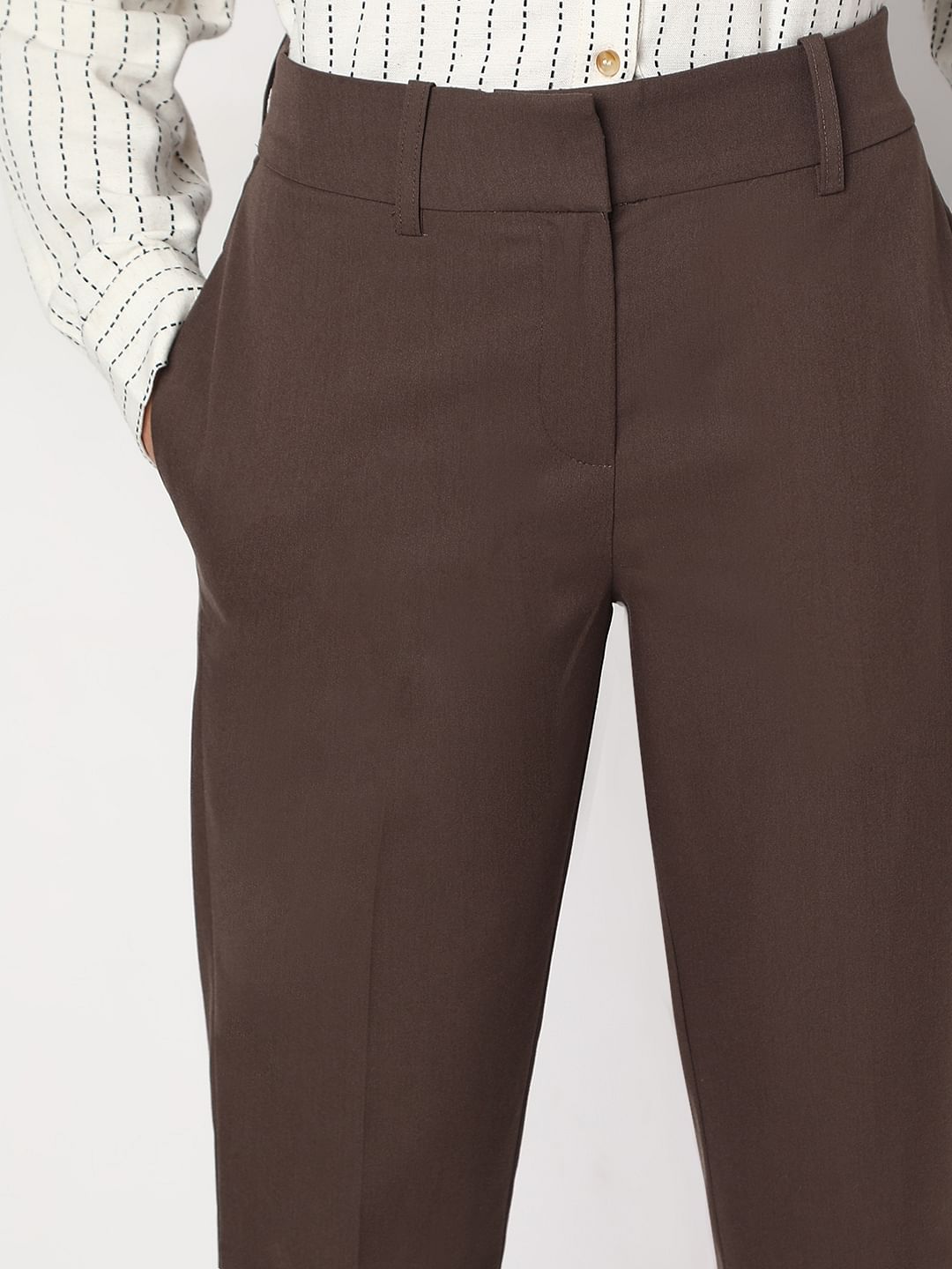 Brown Ankle Length Tapered Fit Pants