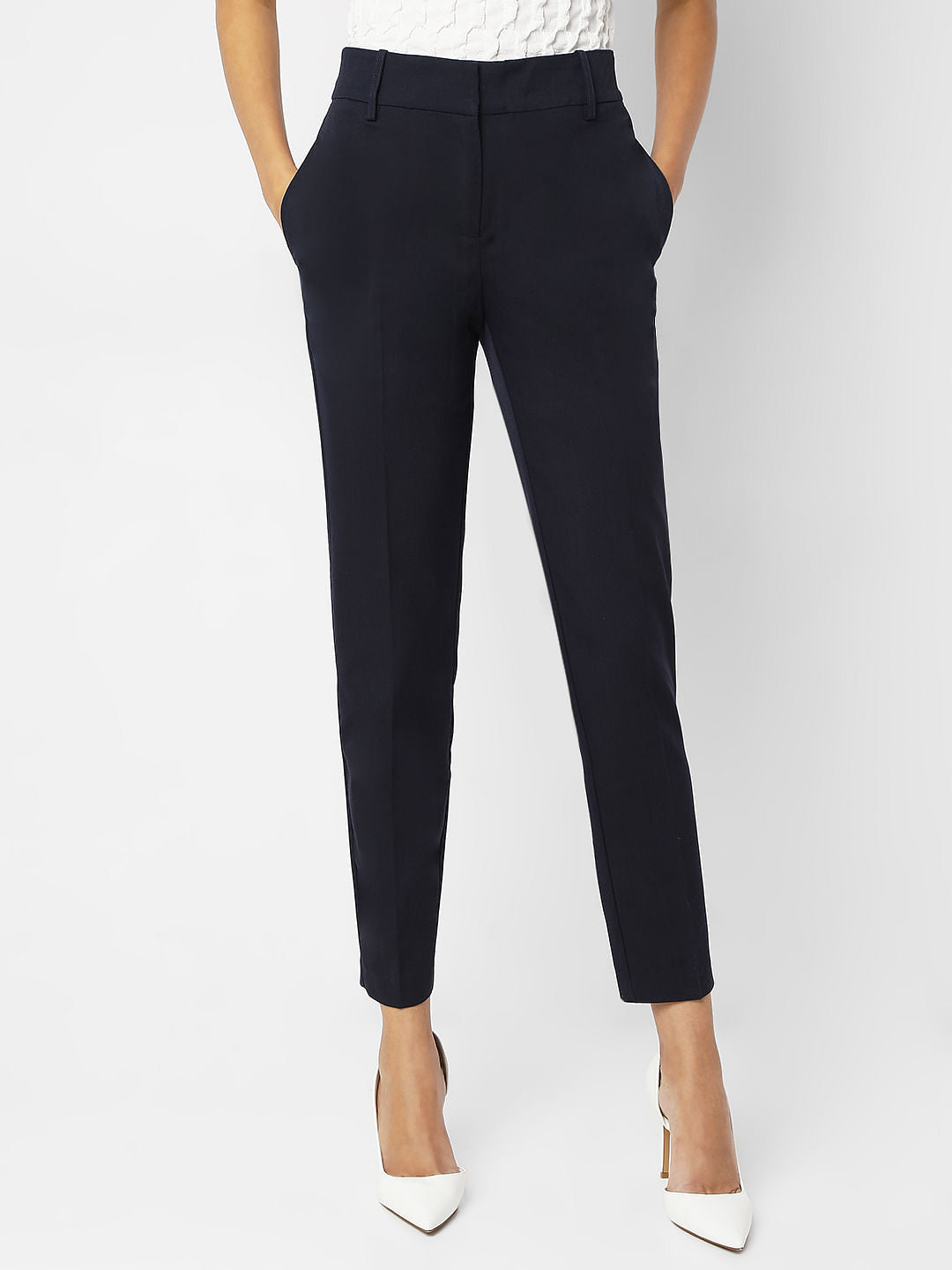 Navy Blue Ankle Length Tapered Fit Pants