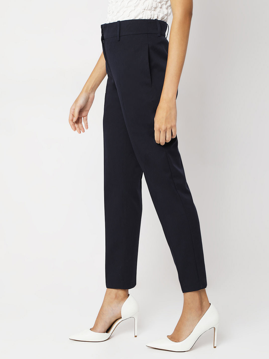 Navy Blue Ankle Length Tapered Fit Pants