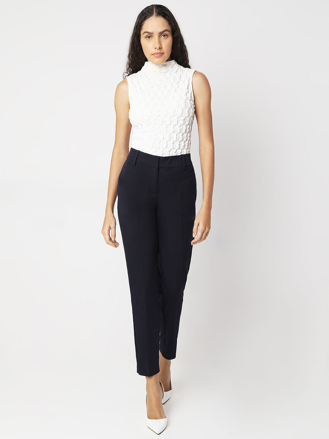 Navy Blue Ankle Length Tapered Fit Pants