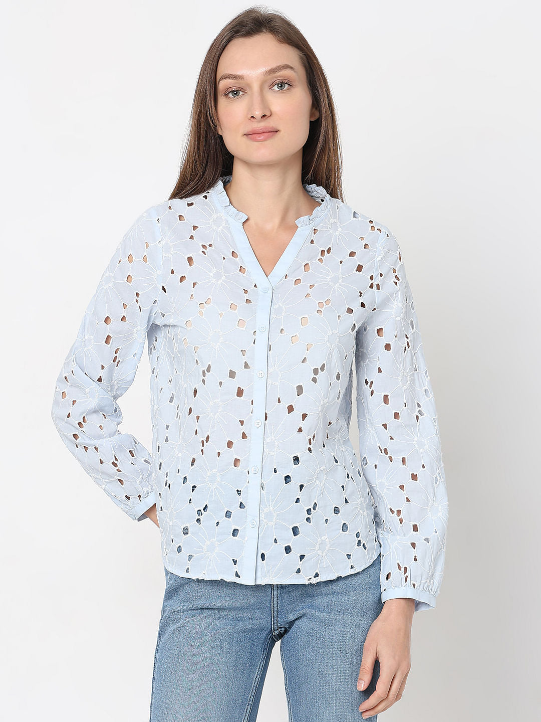 Light Blue Floral Cut-Out Top