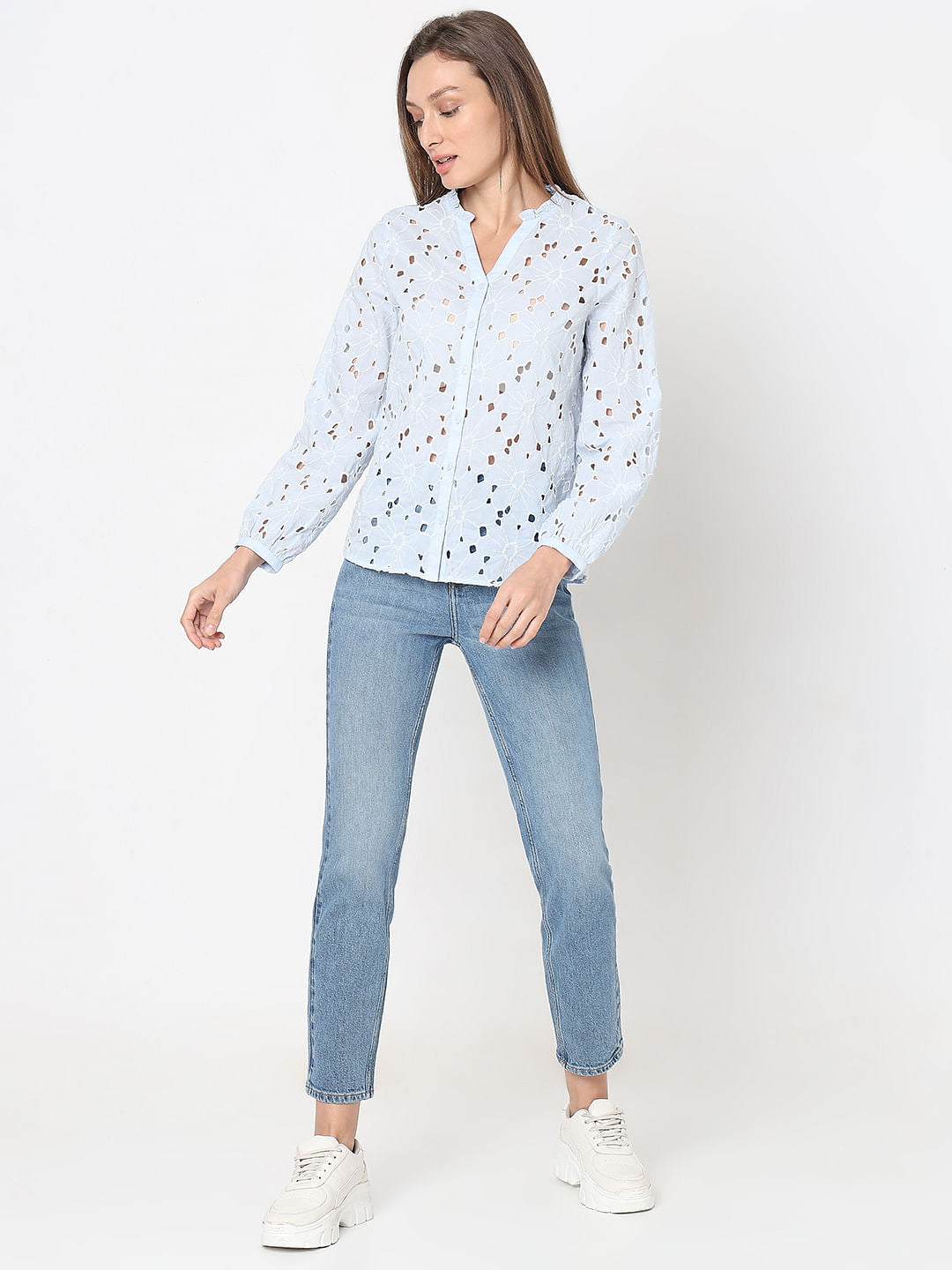 Light Blue Floral Cut-Out Top