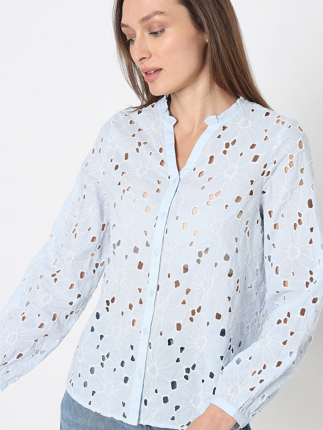 Light Blue Floral Cut-Out Top