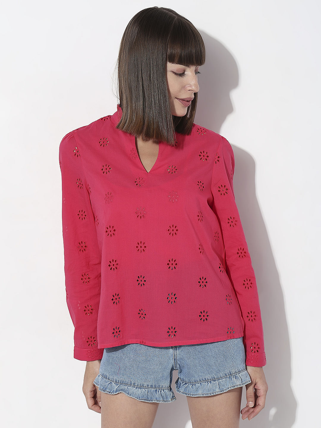 Red Schiffli Full Sleeves Top