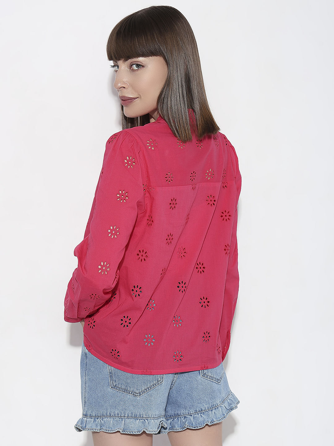 Red Schiffli Full Sleeves Top