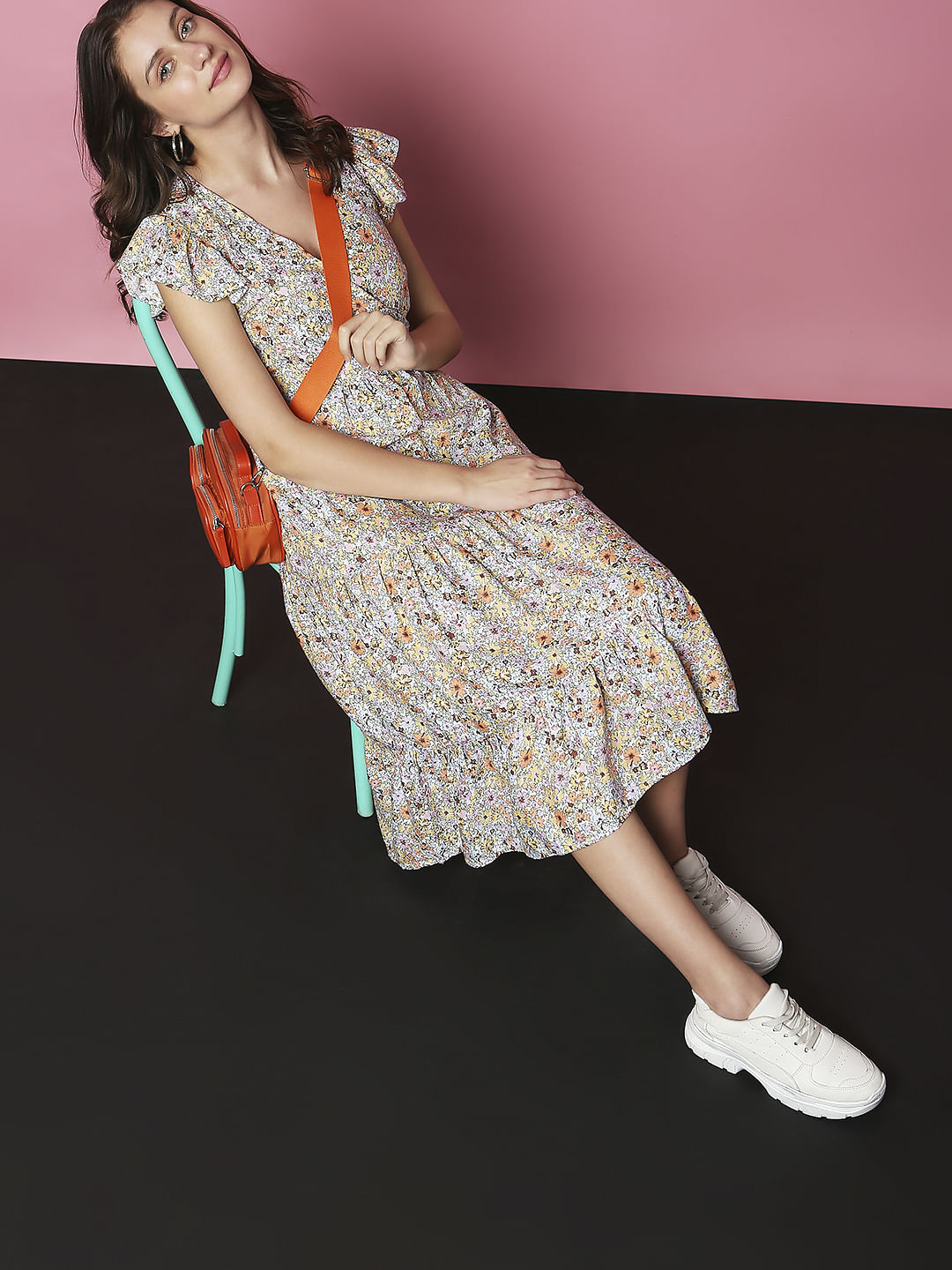 White Floral Print Midi Dress