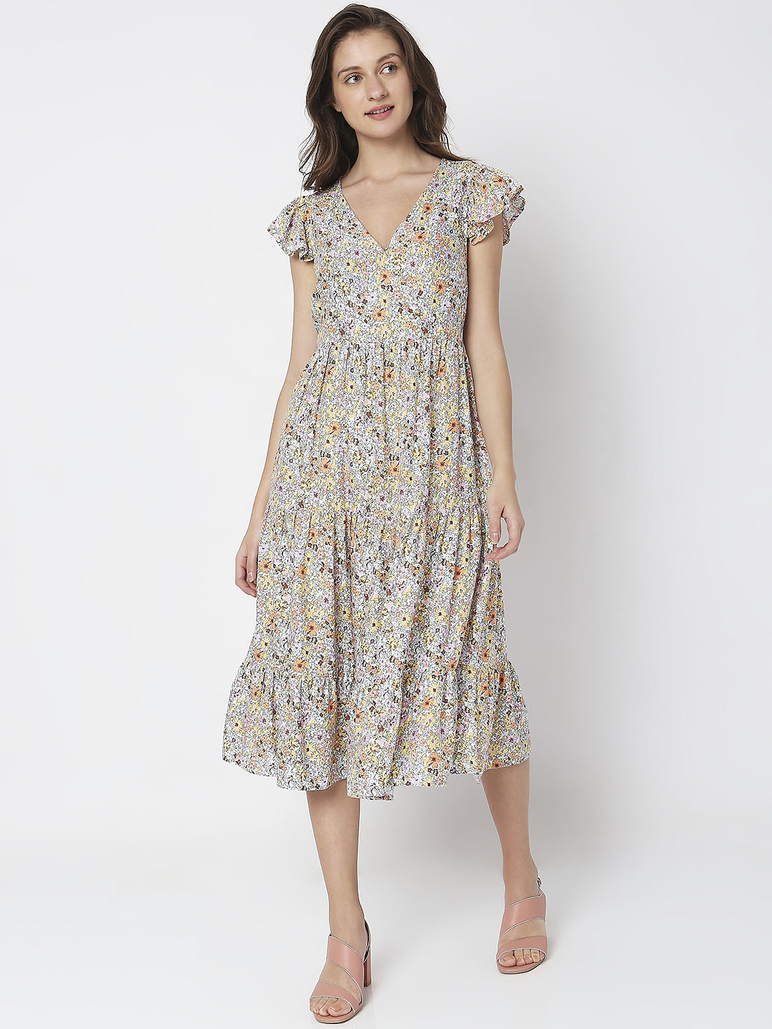 White Floral Print Midi Dress