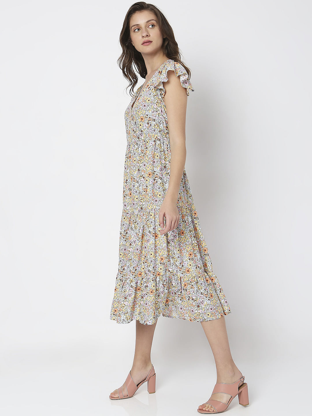 White Floral Print Midi Dress