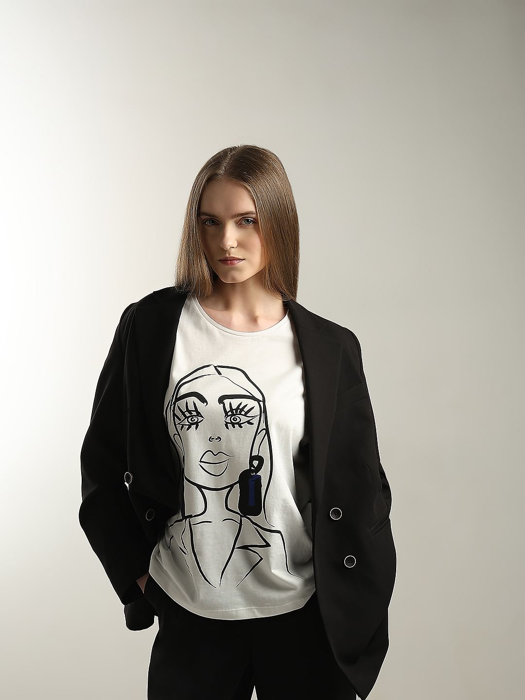 White Graphic Print Cotton Top