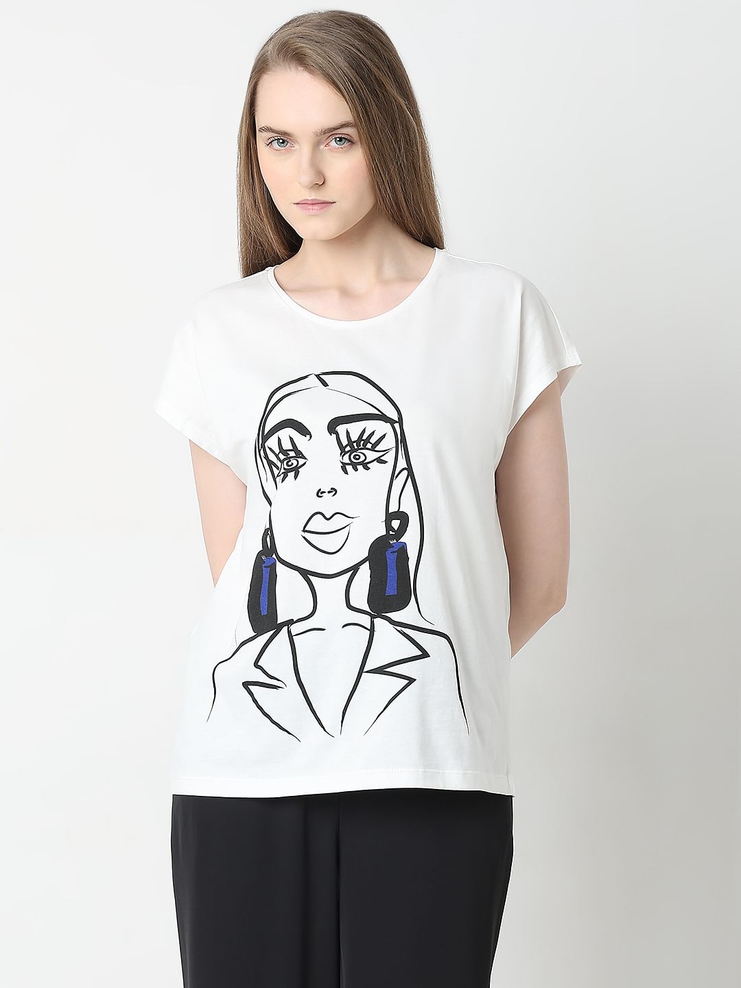 White Graphic Print Cotton Top