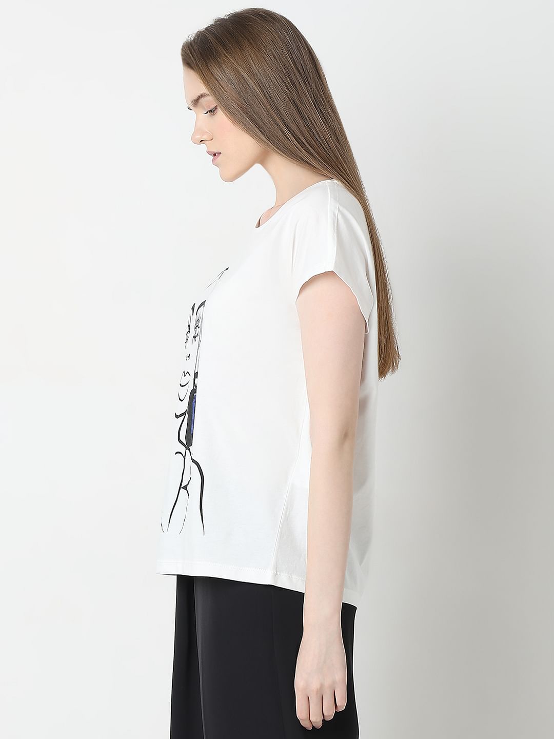 White Graphic Print Cotton Top
