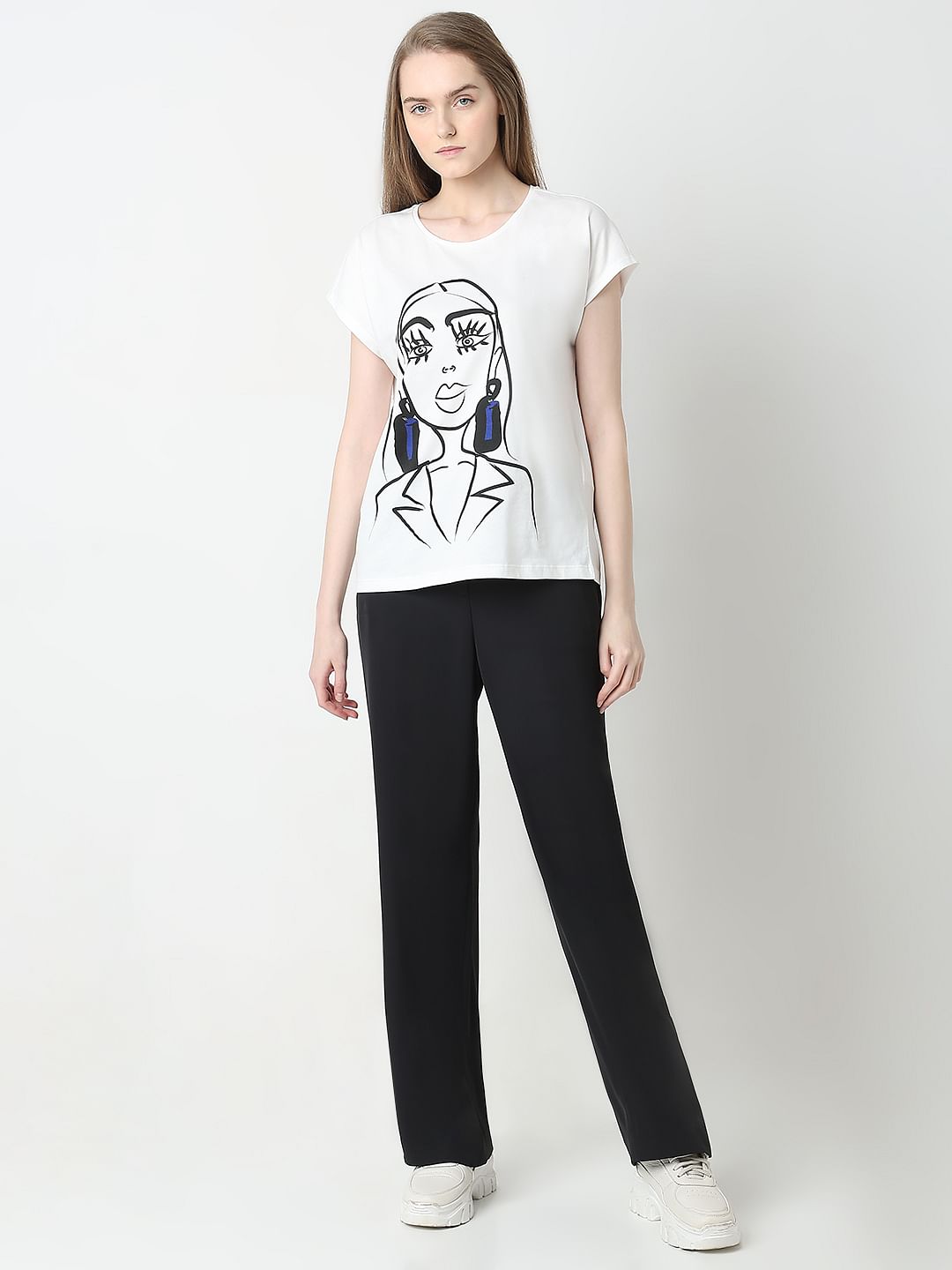 White Graphic Print Cotton Top