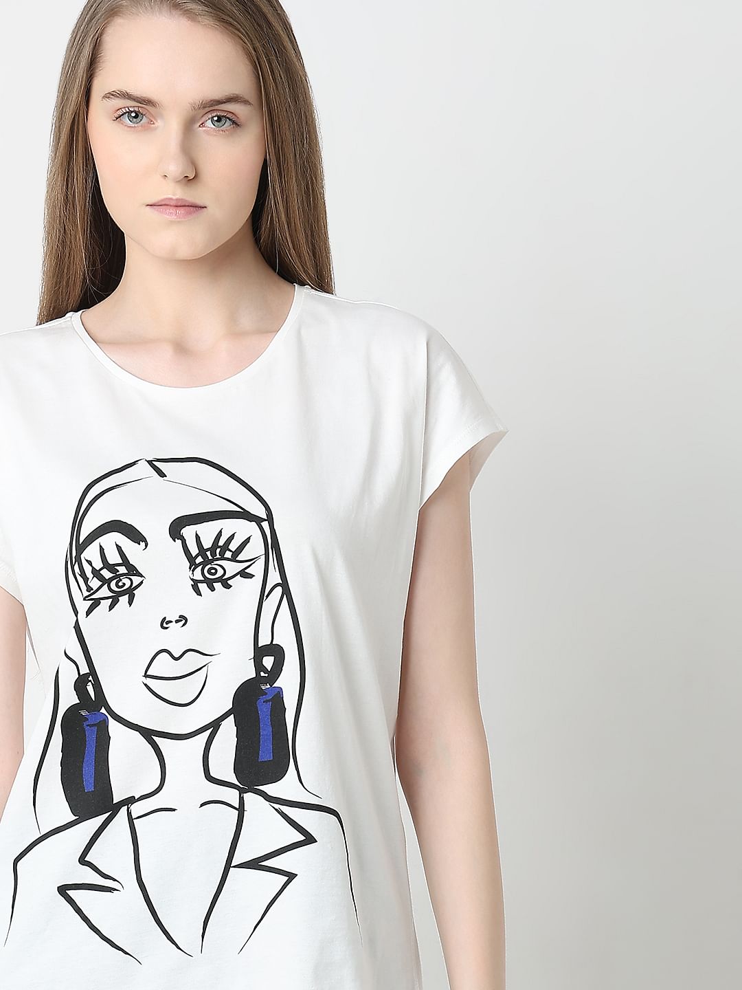 White Graphic Print Cotton Top