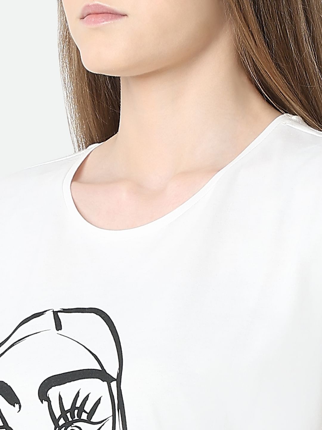 White Graphic Print Cotton Top