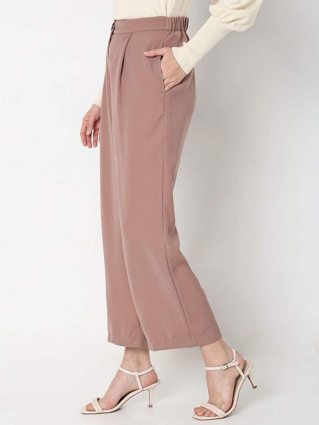 Beige High Rise Wide Leg Pants