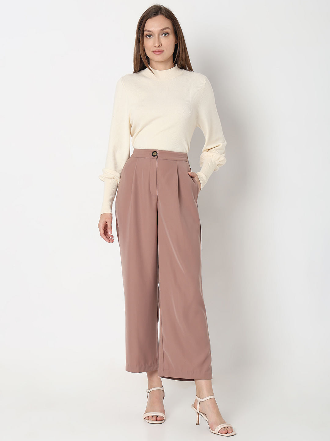 Beige High Rise Wide Leg Pants