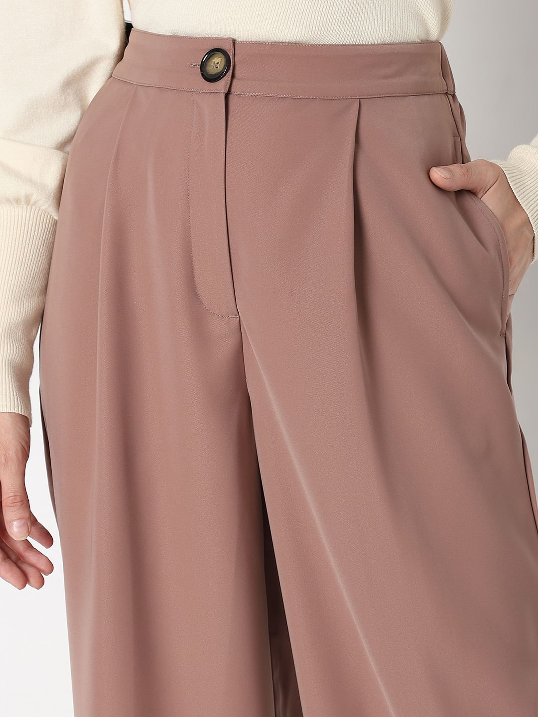 Beige High Rise Wide Leg Pants