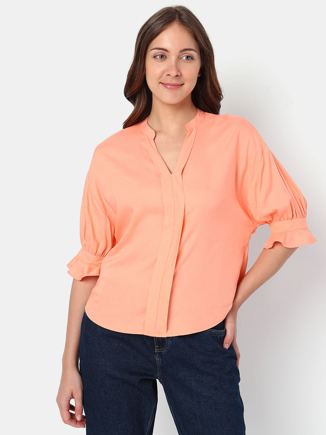 Peach Puff Sleeves Top