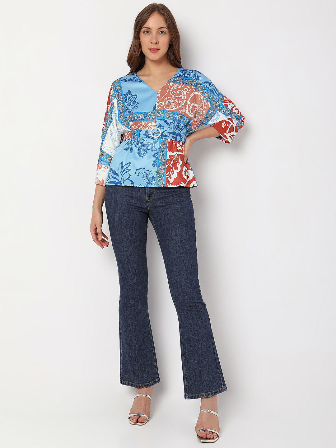 Blue Printed Cinched Waist Top