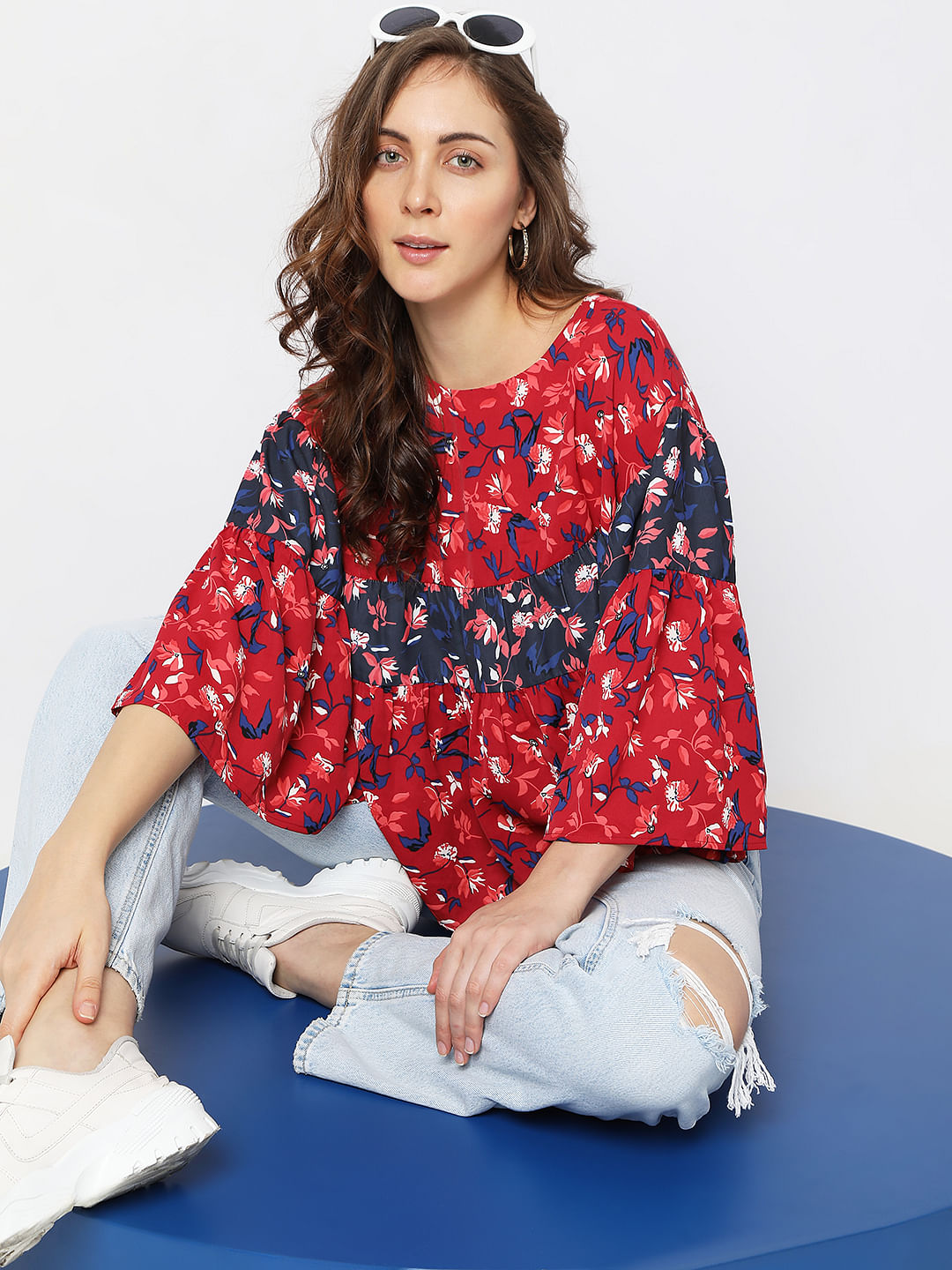 Red Floral Loose Tiered Top