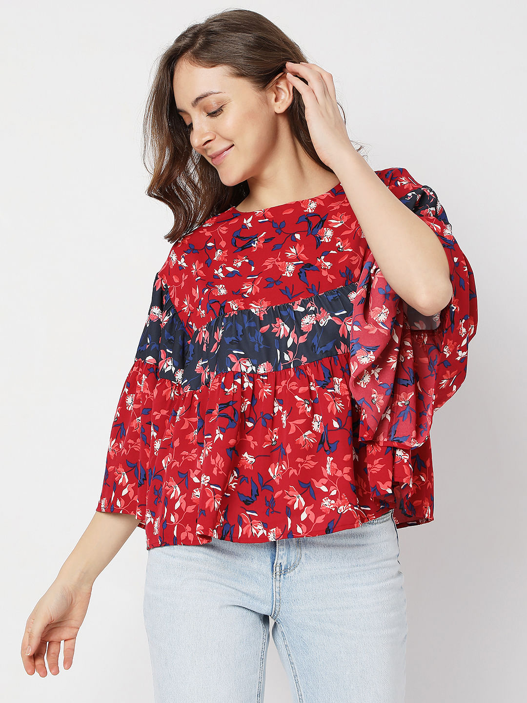 Red Floral Loose Tiered Top