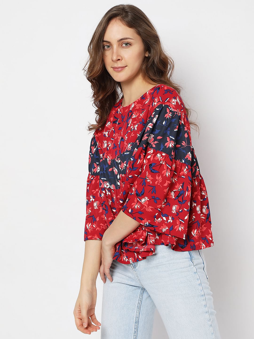 Red Floral Loose Tiered Top