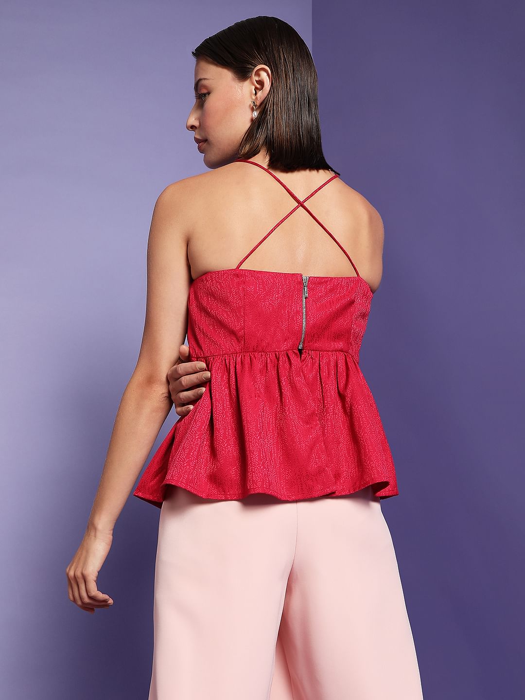 Marquee Dark Pink Jacquard Peplum Top