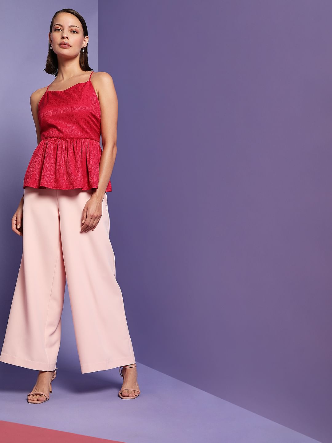 Marquee Dark Pink Jacquard Peplum Top