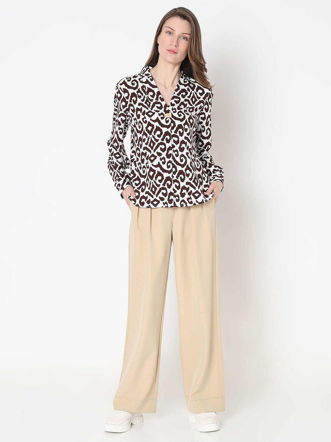 Brown & White Abstract Print Top