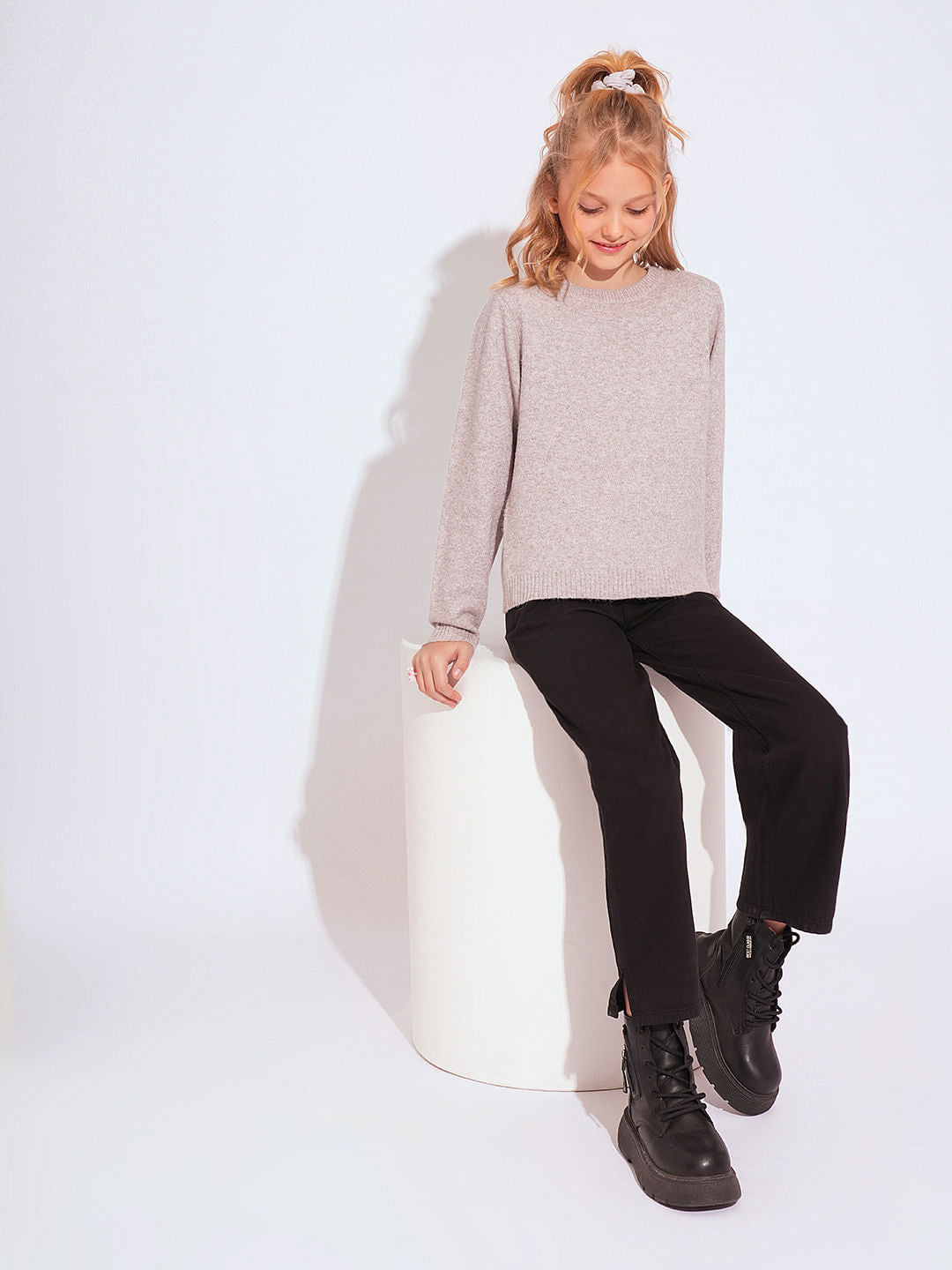 Girls Pink Melange O-Neck Pullover
