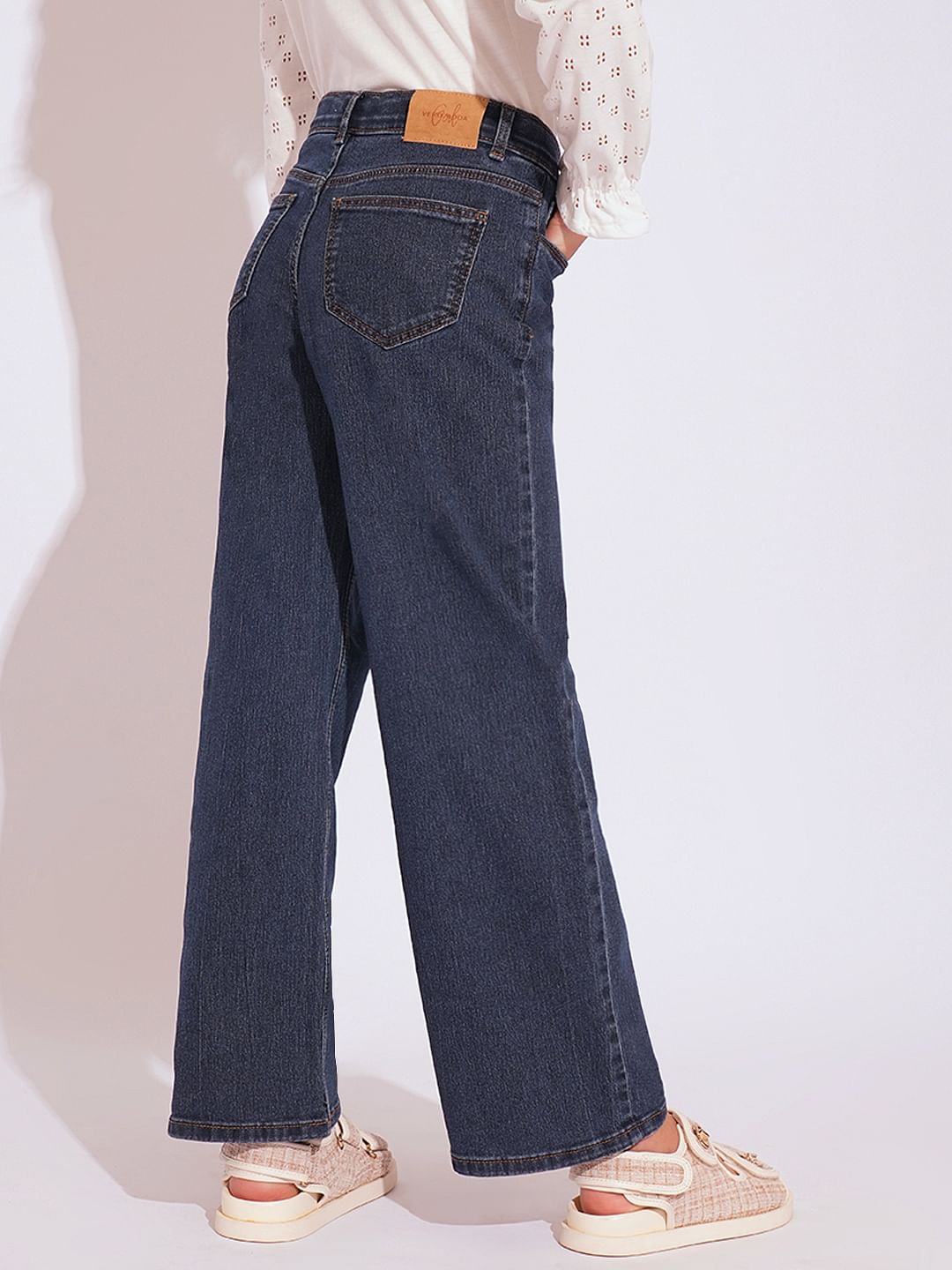 Girls Dark Blue High Rise Wide Leg Jeans