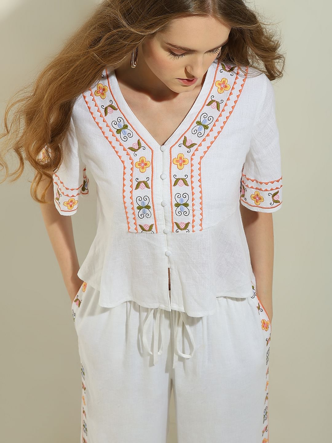 White Embroidered Co-Ord Set Top