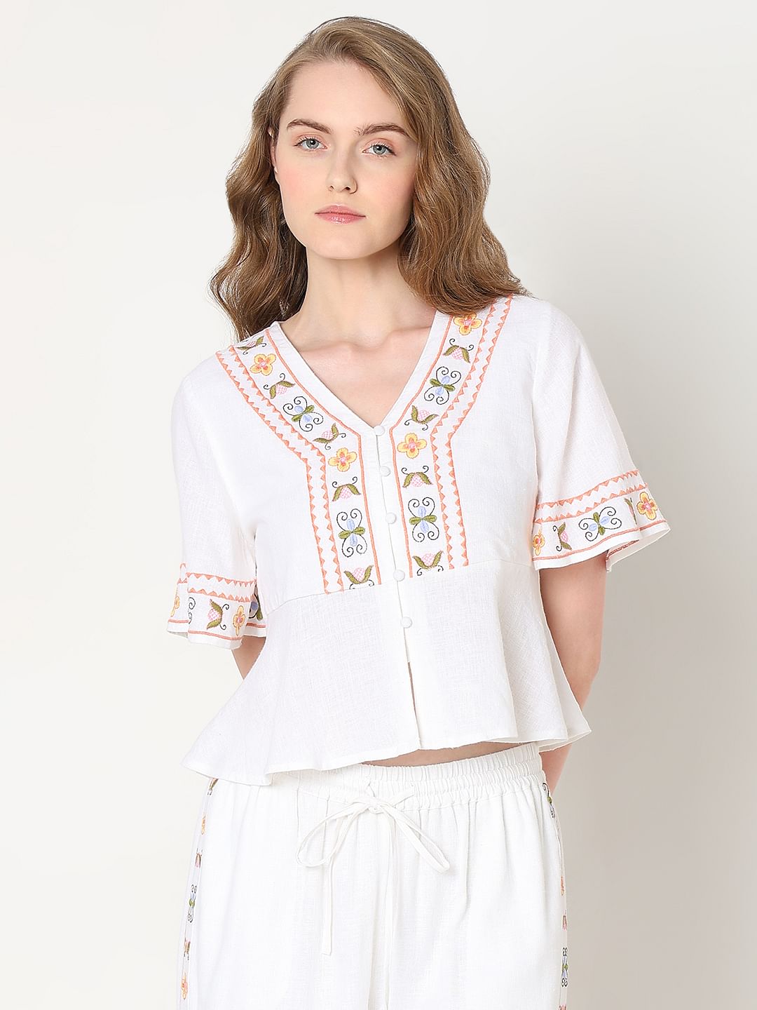 White Embroidered Co-Ord Set Top