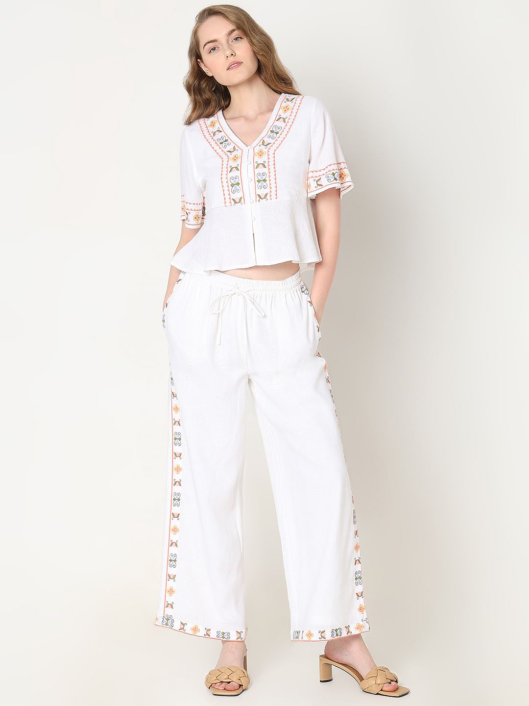 White Embroidered Co-Ord Set Top