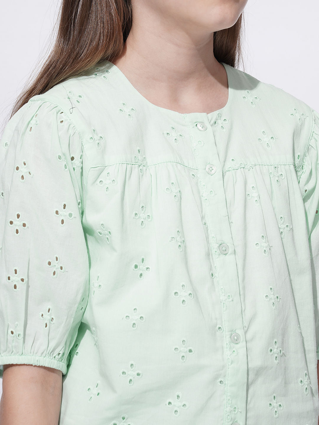 Girls Mint Green Schiffli Cotton Top