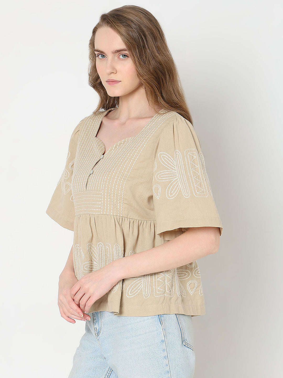 Beige Stitch Detail Peplum Top