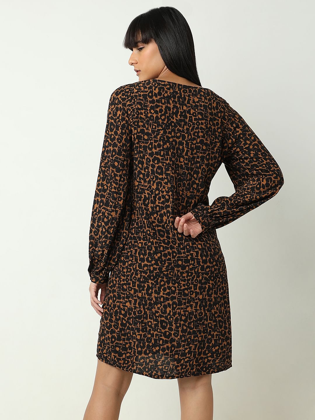 Brown Abstract Print Fit & Flare Dress