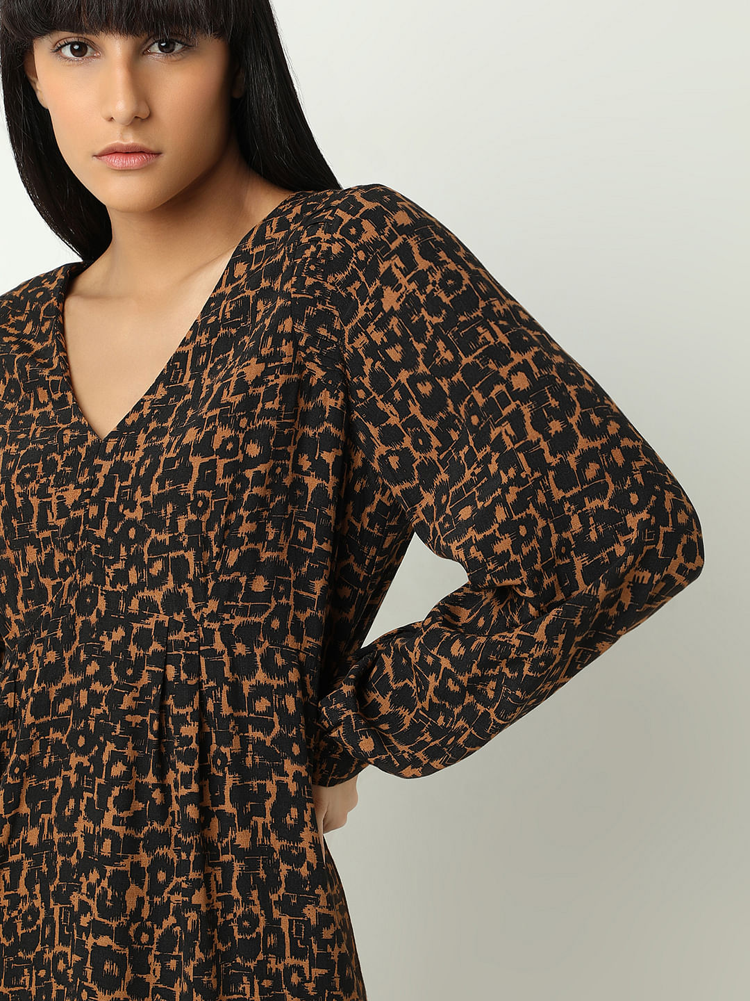 Brown Abstract Print Fit & Flare Dress