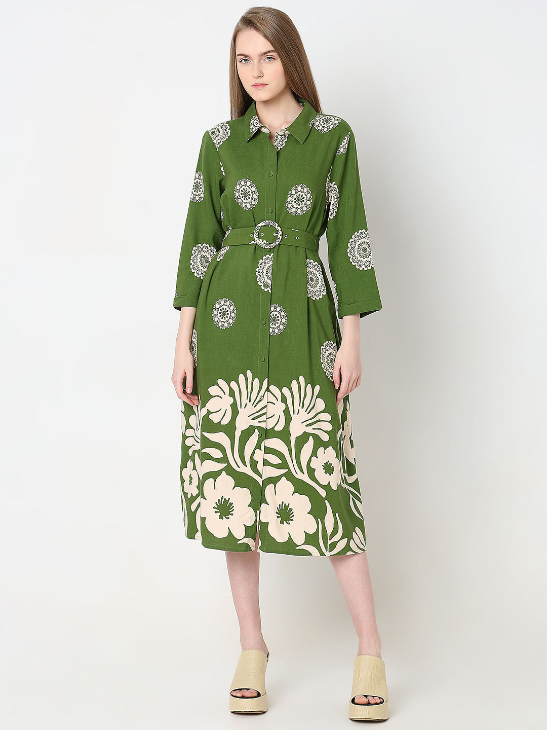 Green Printed Shirt Dress