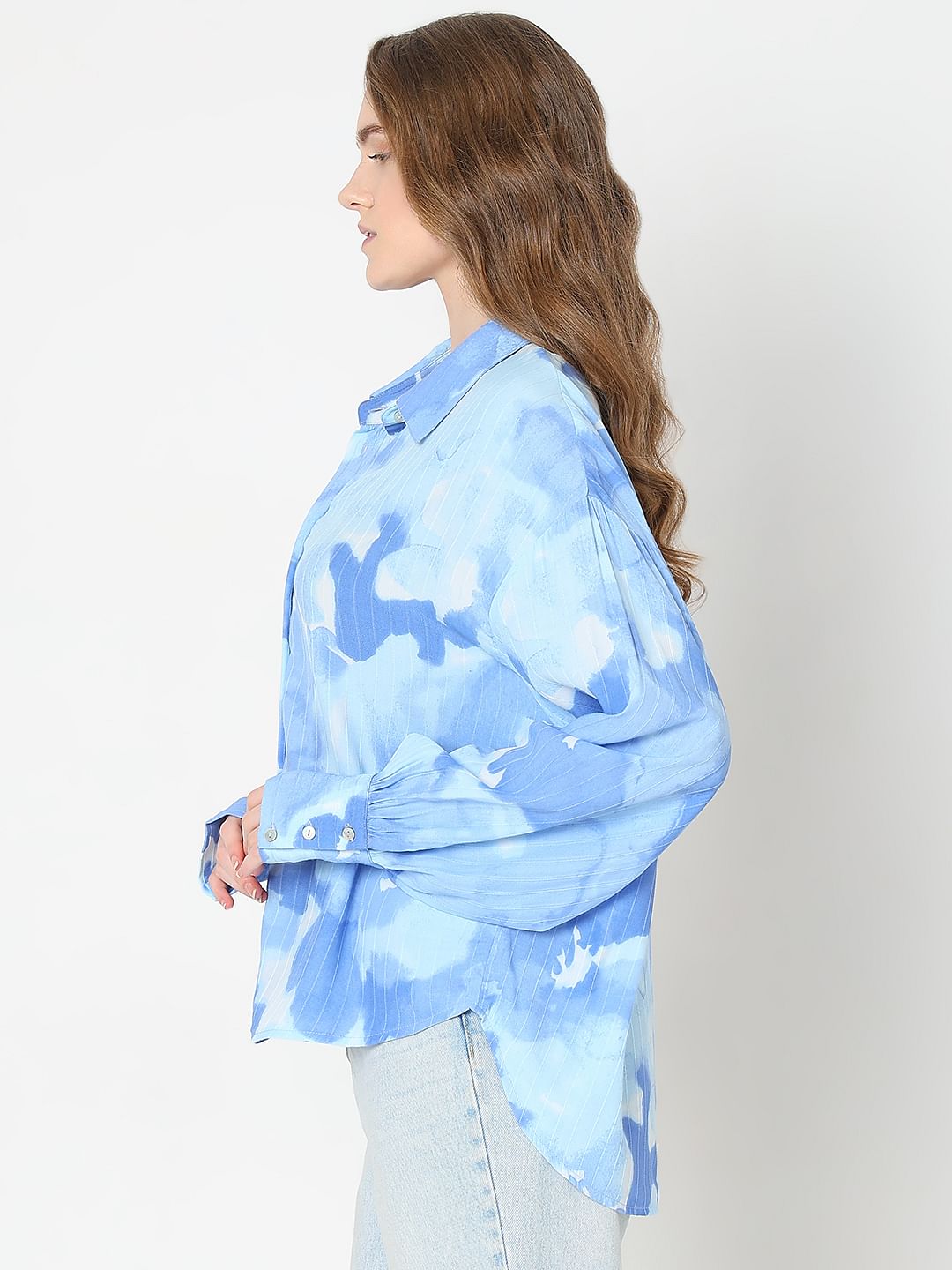 Blue Printed Asymmetric Shirt