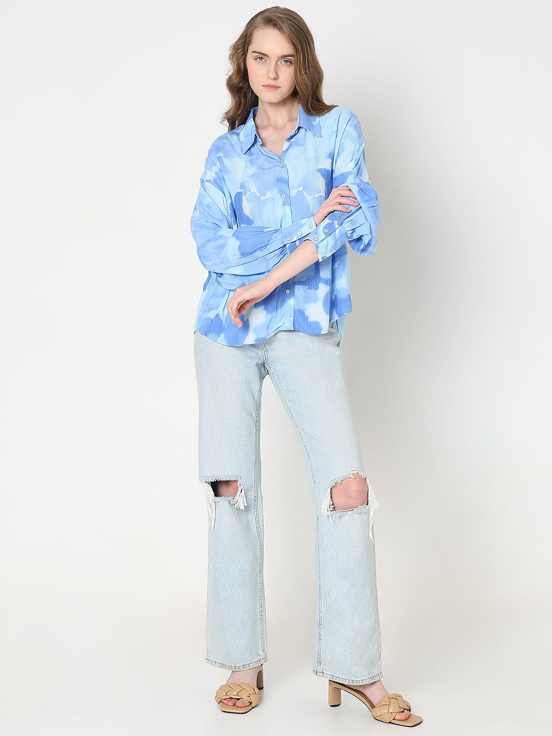Blue Printed Asymmetric Shirt