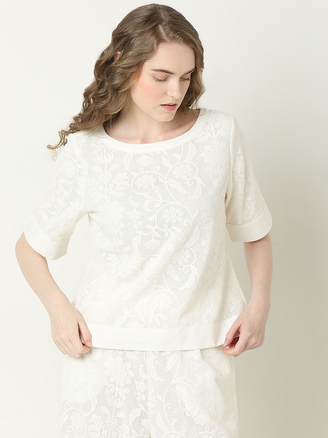 Off-White Textured Co-Ord Set Top