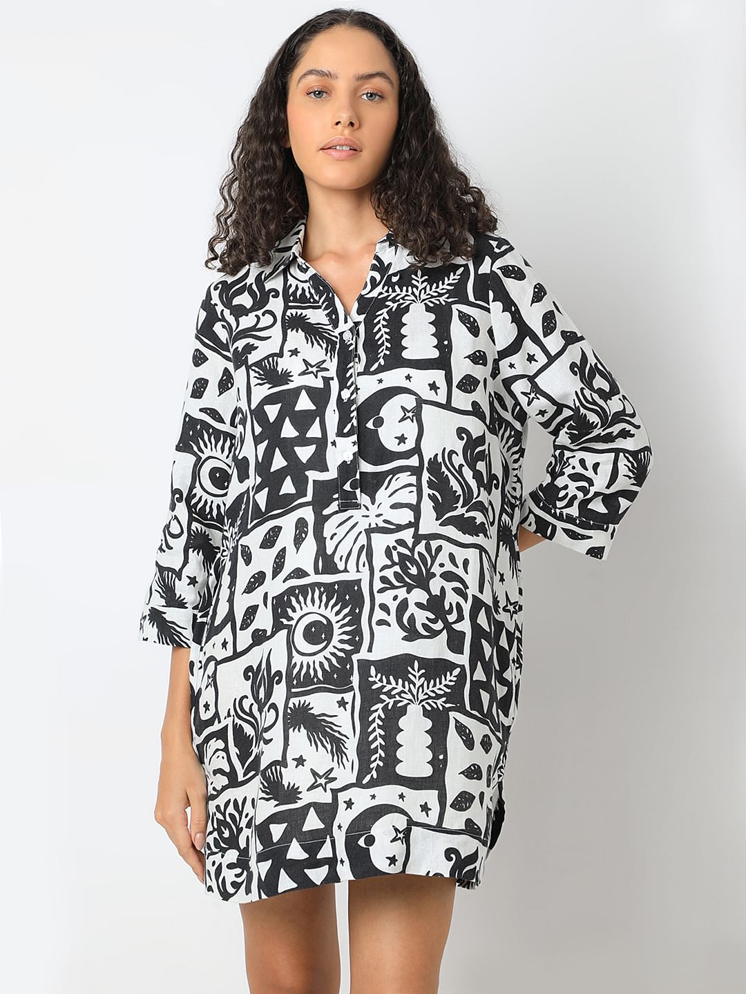 Black Printed Linen Mini Shirt Dress