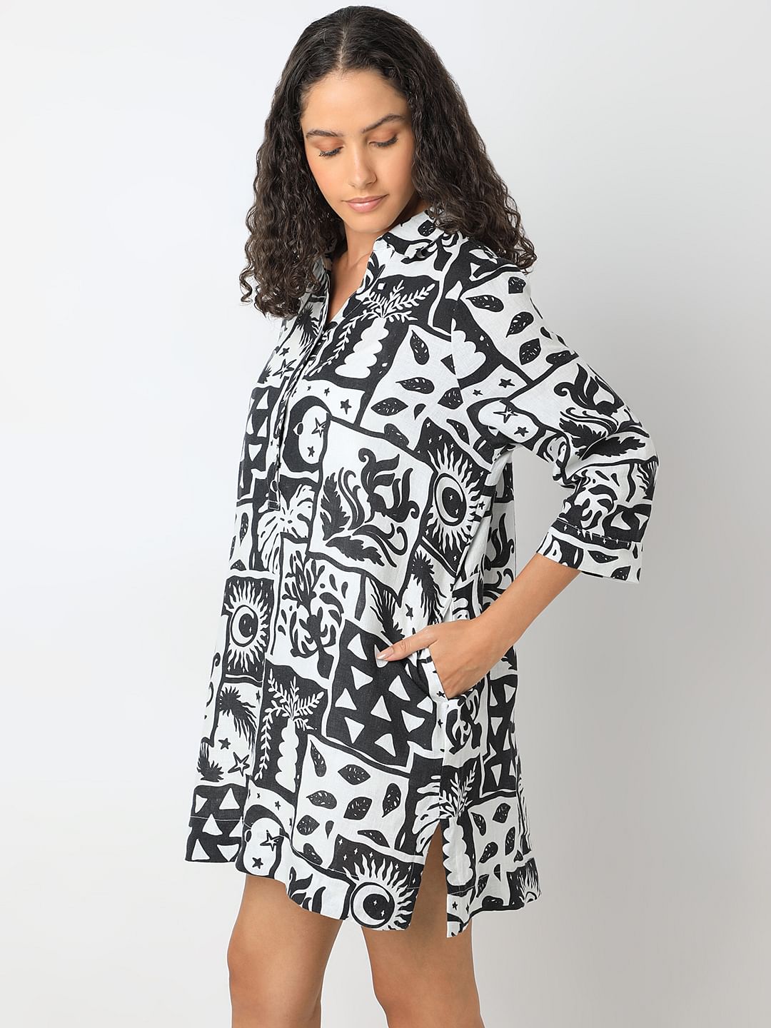 Black Printed Linen Mini Shirt Dress
