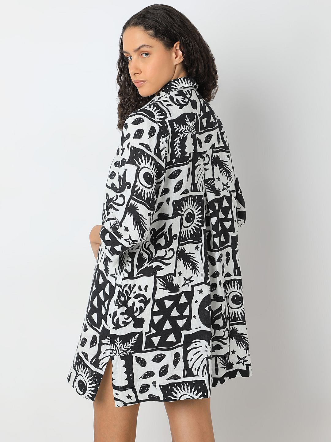 Black Printed Linen Mini Shirt Dress