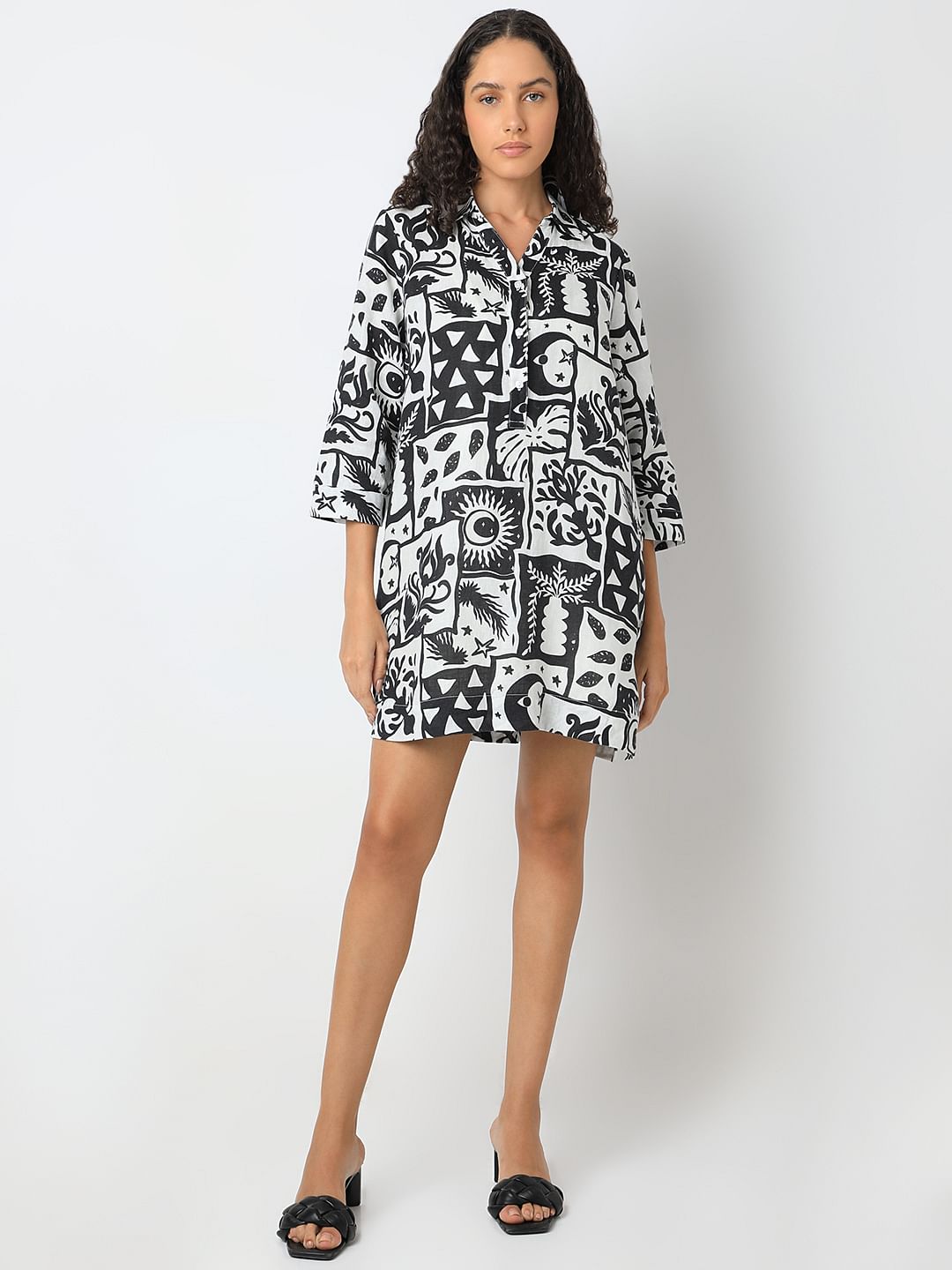 Black Printed Linen Mini Shirt Dress